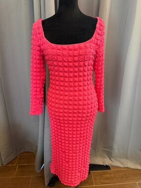 Women's Textured Square Neck Midi Dress - Hot Pink. Barbie!